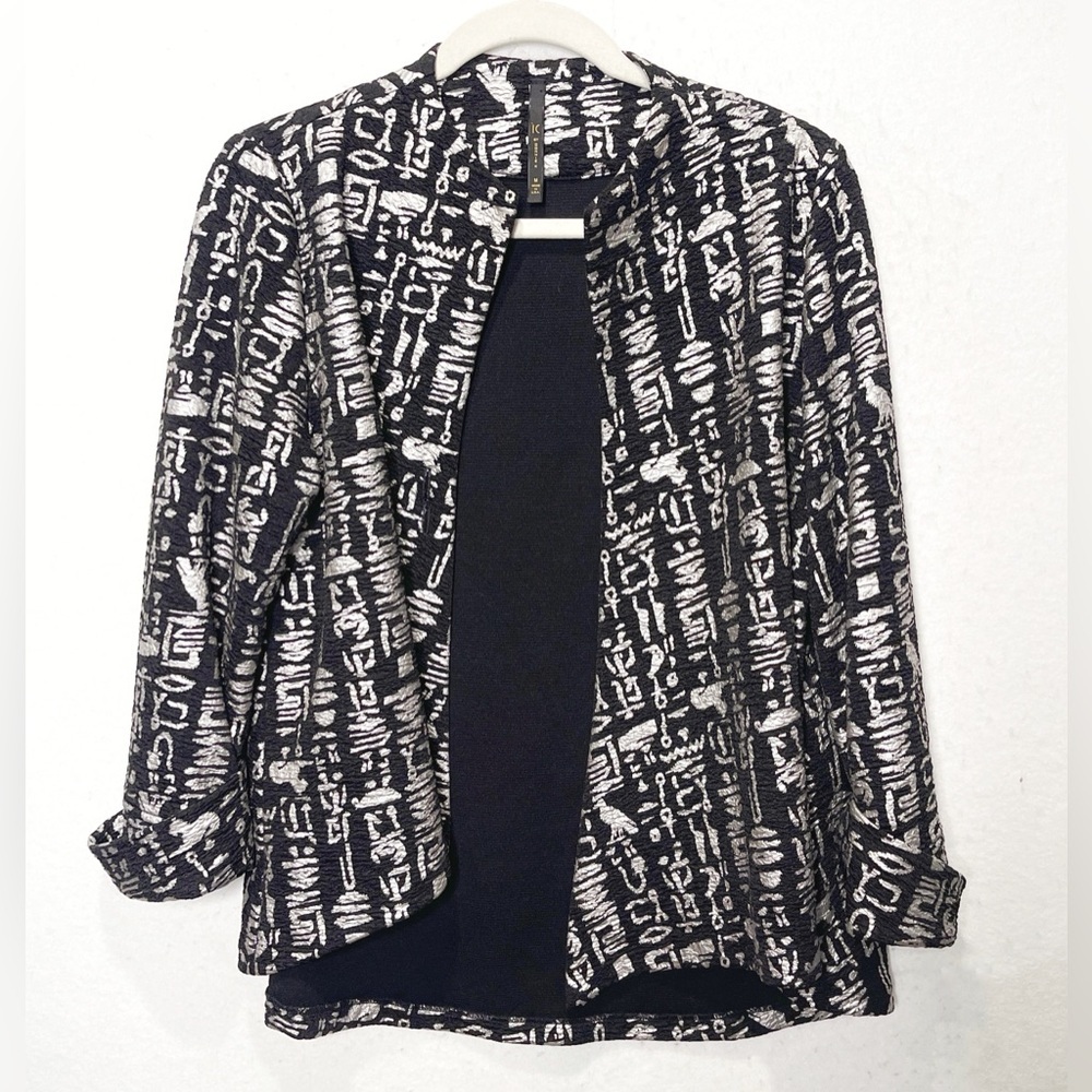 IC by Connie K Textured Black Egyptian Hieroglyphs 3/4 Sleeve Open Blazer Medium